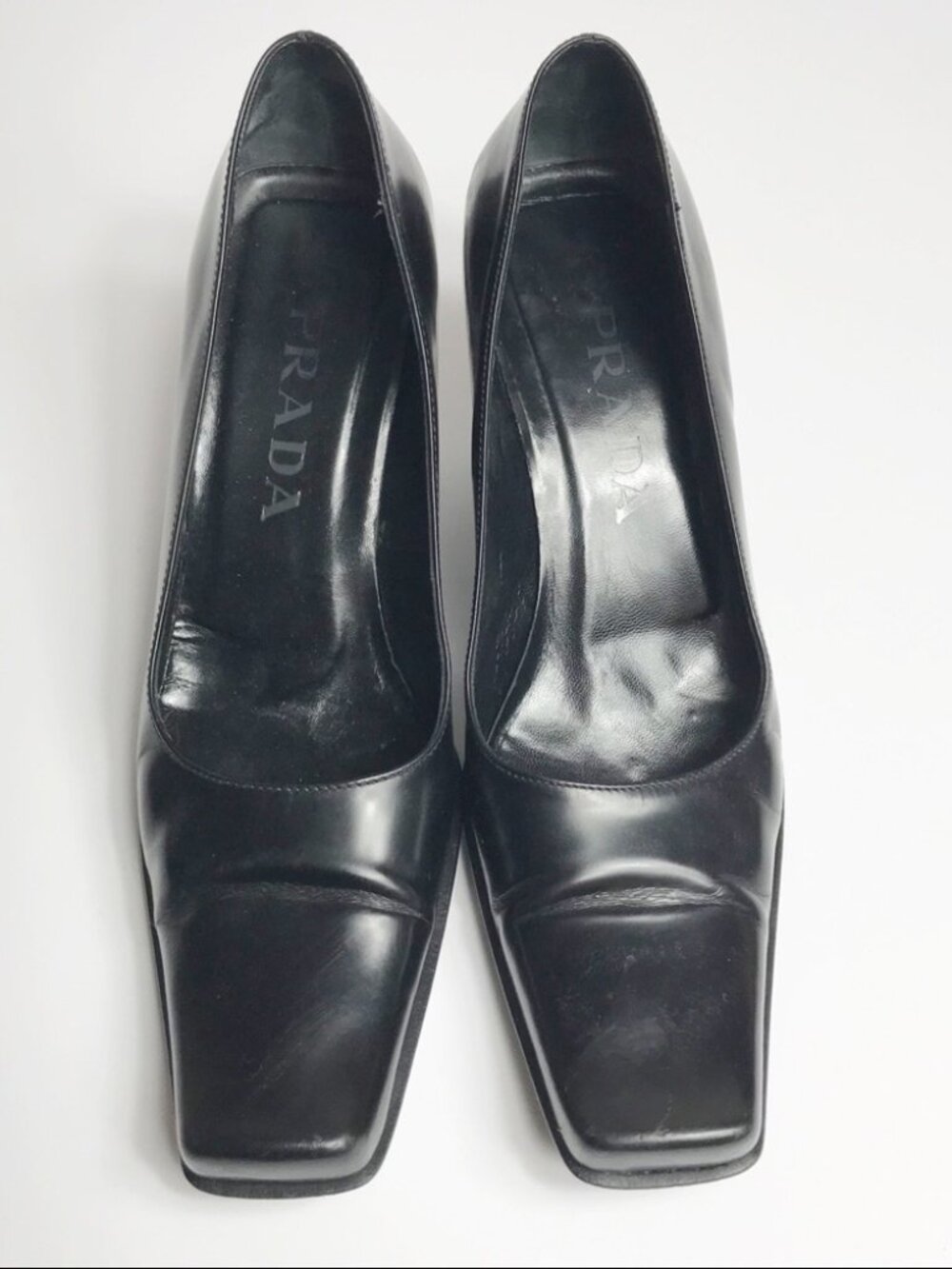Prada Vintage Black Square Toe Leather Block Heel